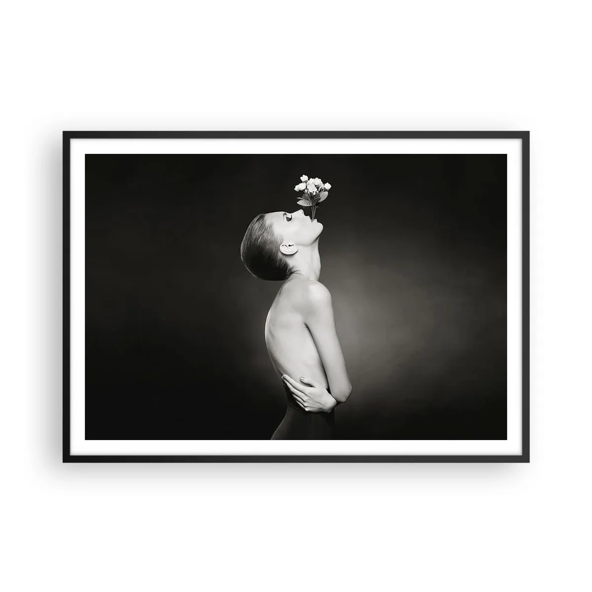 Póster en marco negro - Silueta en blanco y negro de una mujer con una flor. - 100x70cm - Elegancia excéntrica - Decoración de pared moderna para salón y dormitorio ARTTOR