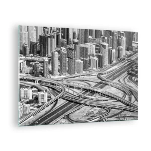 Cuadro sobre vidrio - Impresiones sobre Vidrio - Panorama en blanco y negro de la ciudad con un cruce de autopistas - 70x50cm - Dubái: la ciudad imposible - Decoración de pared moderna para salón y dormitorio ARTTOR