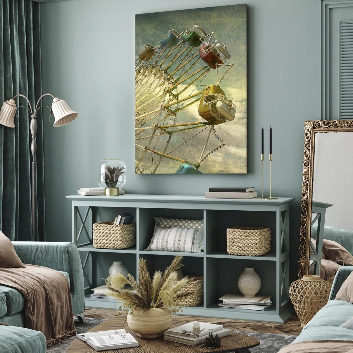 Cuadro sobre lienzo - Impresión de Imagen - Fotografía retro de una noria con palmeras contra el cielo. - 50x70cm - Será, será un día estupendo.... - Decoración de pared moderna para salón y dormitorio ARTTOR