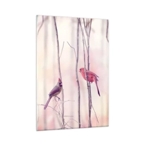 Cuadro sobre vidrio - Impresiones sobre Vidrio - Dos pájaros entre delicadas ramitas en tonos pastel - 50x70cm - Historia de un bosque rosa - Decoración de pared moderna para salón y dormitorio ARTTOR