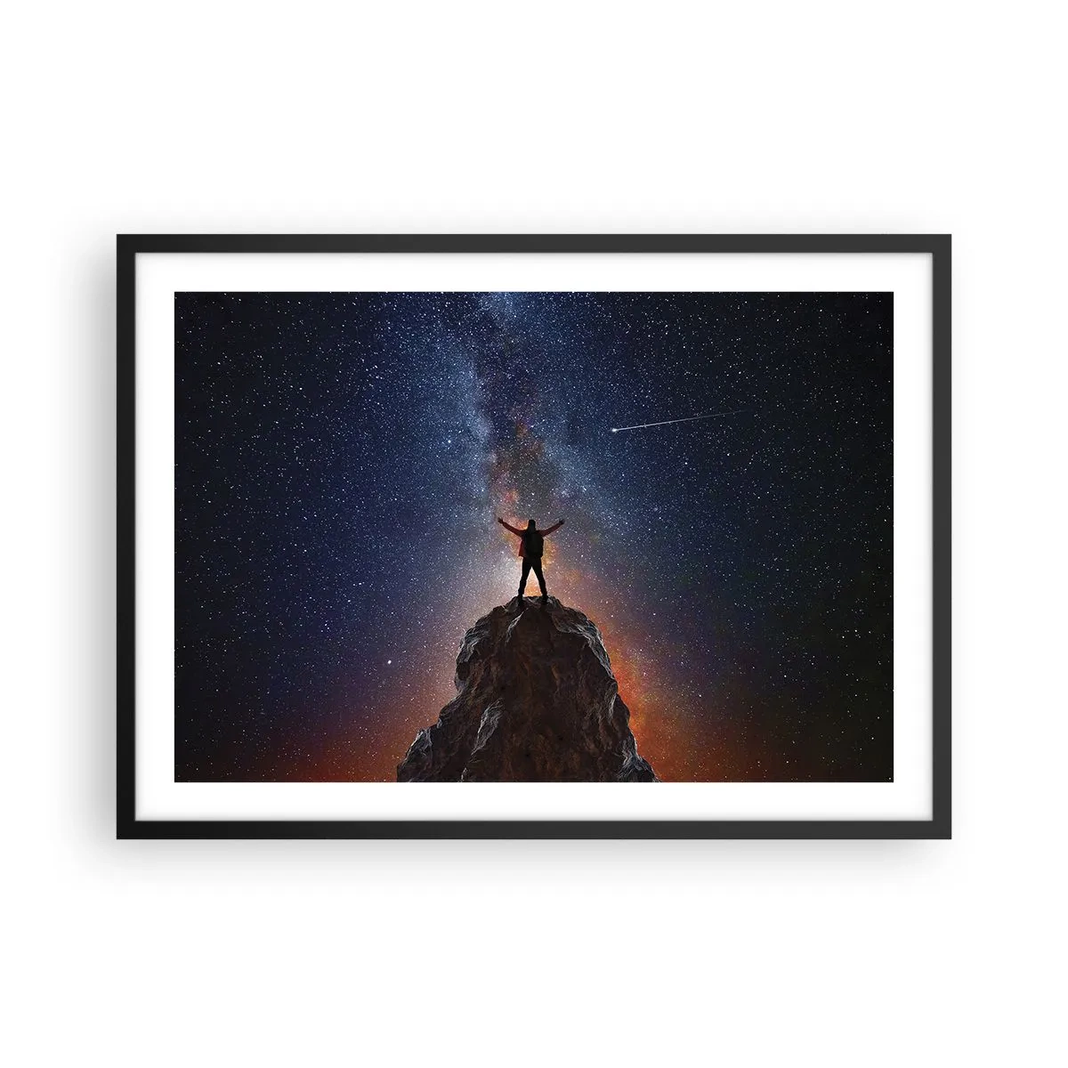 Póster en marco negro - Una figura en la cima de una montaña bajo un cielo estrellado. - 70x50cm - ¡El poder está conmigo! - Decoración de pared moderna para salón y dormitorio ARTTOR