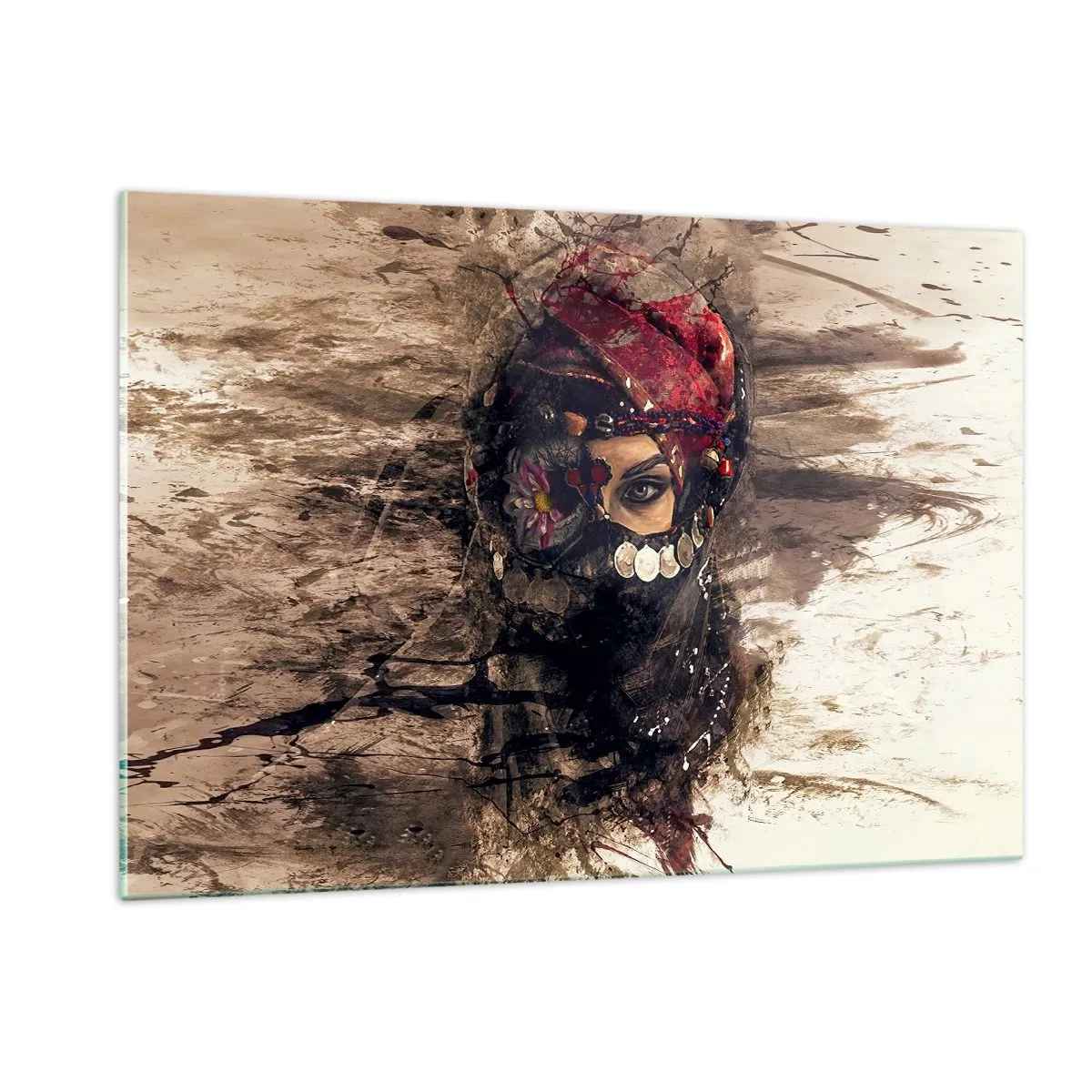 Cuadro sobre vidrio - Impresiones sobre Vidrio - Retrato de una mujer misteriosa con un turbante rojo. - 120x80cm - Inquietante, como mínimo - Decoración de pared moderna para salón y dormitorio ARTTOR