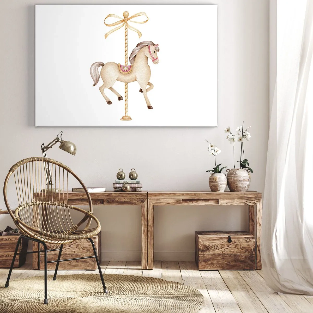 Cuadro sobre lienzo - Impresión de Imagen - Un caballo de carrusel con un arco en delicados pasteles. - 120x80cm - Al trote grácil - Decoración de pared moderna para salón y dormitorio ARTTOR