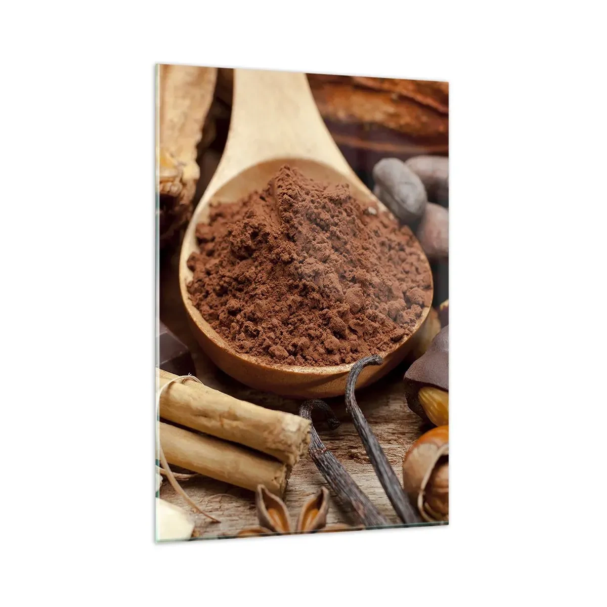 Cuadro sobre vidrio - Impresiones sobre Vidrio - Una cucharada de ingredientes de cacao y chocolate en un arreglo rústico. - 80x120cm - Lo mejor para las penas - Decoración de pared moderna para salón y dormitorio ARTTOR