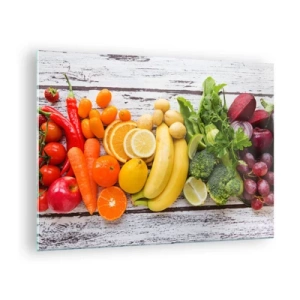 Cuadro sobre vidrio - Impresiones sobre Vidrio - Frutas y verduras coloridas dispuestas sobre una mesa de madera. - 70x50cm - ¿No es suficiente? - Decoración de pared moderna para salón y dormitorio ARTTOR
