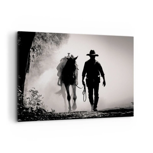 Cuadro sobre lienzo - Impresión de Imagen - Vaquero con caballo en la niebla de la mañana - 100x70cm - La mañana de Texas - Decoración de pared moderna para salón y dormitorio ARTTOR