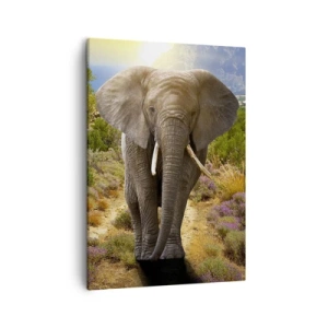 Cuadro sobre lienzo - Impresión de Imagen - Un elefante africano frente a un paisaje de sabana y montaña. - 50x70cm - Este es el aspecto del Edén - Decoración de pared moderna para salón y dormitorio ARTTOR