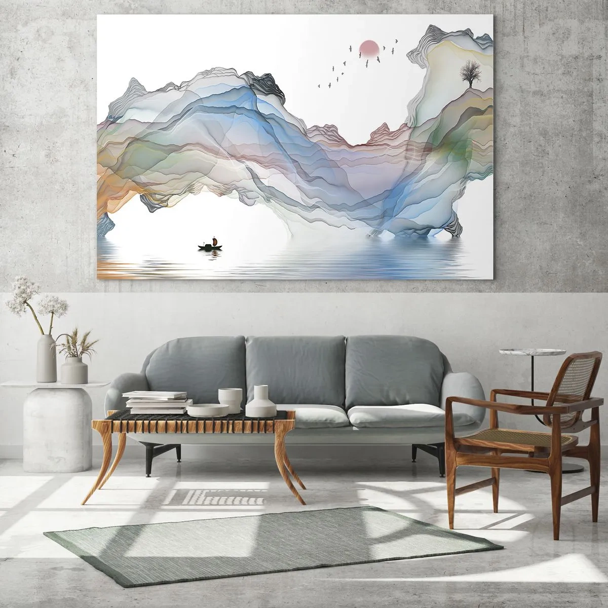 Cuadro sobre vidrio - Impresiones sobre Vidrio - Un paisaje sutil con montañas, agua y un barco. - 160x50cm - Hacia las montañas de cristal - Decoración de pared moderna para salón y dormitorio ARTTOR