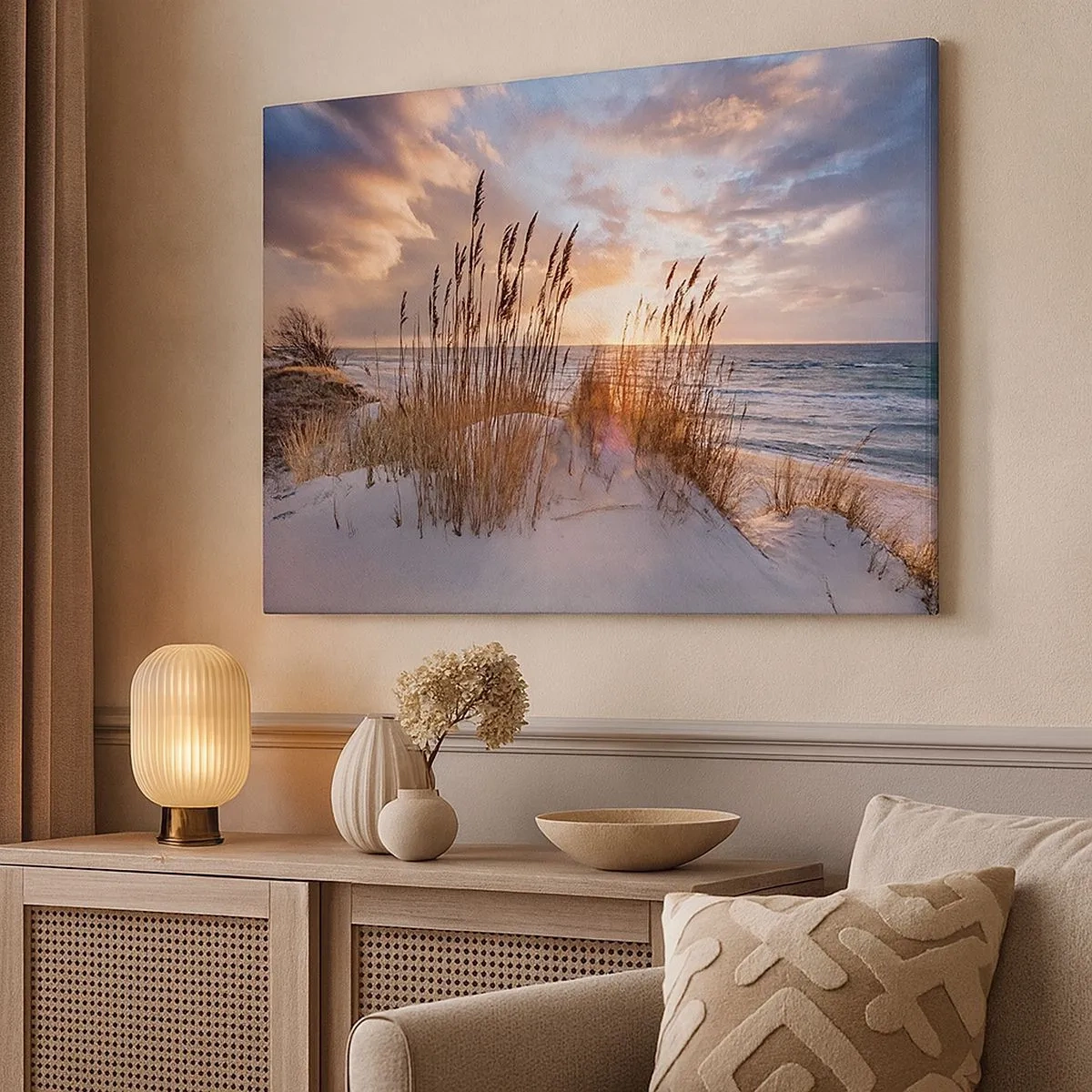 Cuadro sobre lienzo - Impresión de Imagen - Dunas con hierbas con el sol poniente como telón de fondo - 70x50cm - Adiós al sol y al viento - Decoración de pared moderna para salón y dormitorio ARTTOR