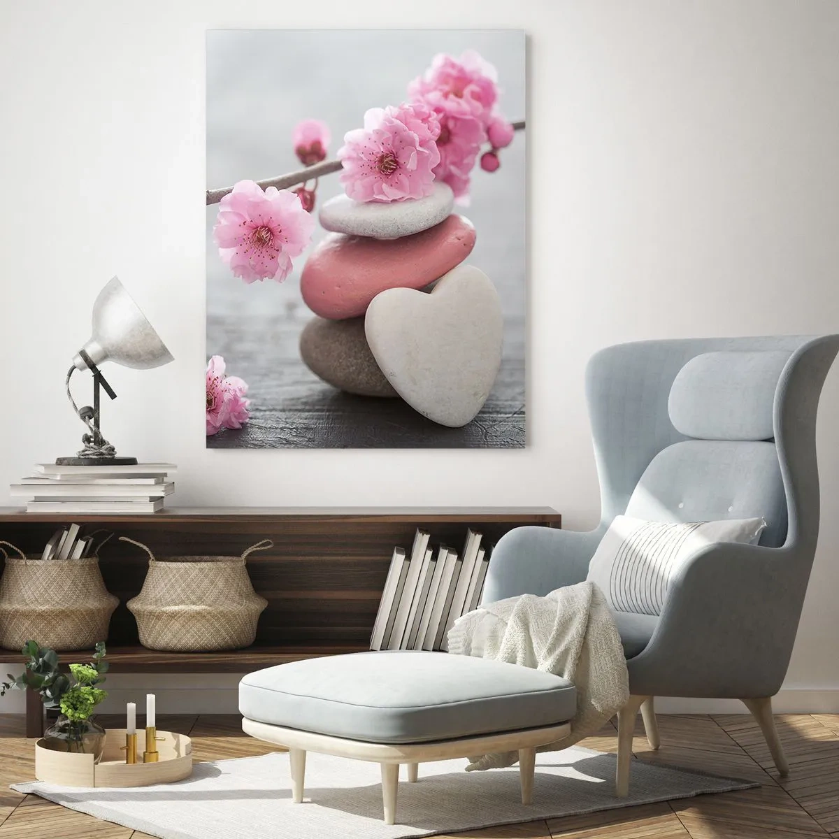 Cuadro sobre vidrio - Impresiones sobre Vidrio - Delicadas flores de cerezo con piedras en forma de corazón. - 80x120cm - Felicidad con la flor del cerezo - Decoración de pared moderna para salón y dormitorio ARTTOR