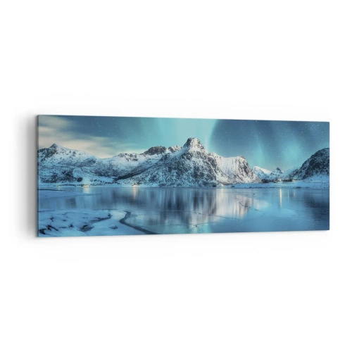 Cuadro sobre lienzo - Impresión de Imagen - Aurora boreal sobre montañas nevadas y un lago - 140x50cm - Una noche de luz - Decoración de pared moderna para salón y dormitorio ARTTOR