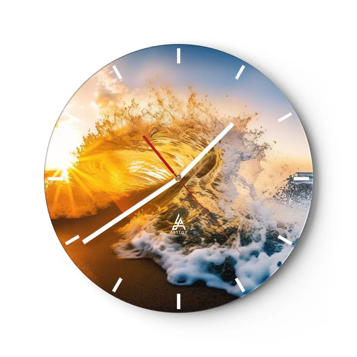 Reloj de pared - Reloj de vidrio - Una ola del mar iluminada por los rayos del sol poniente. - 30x30cm - Jugando en la arena - Decoración de pared moderna para salón, cocina y dormitorio ARTTOR