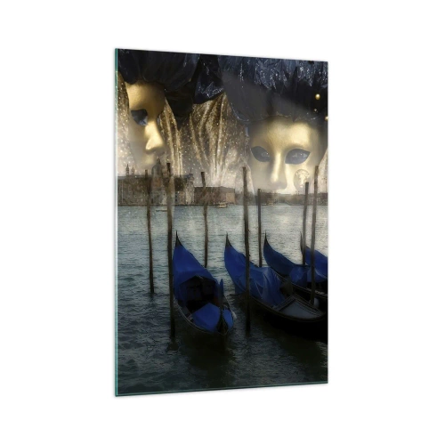 Cuadro sobre vidrio - Impresiones sobre Vidrio - Máscaras de carnaval veneciano y góndolas con la ciudad y el agua como telón de fondo. - 70x100cm - El tiempo de carnaval ha comenzado - Decoración de pared moderna para salón y dormitorio ARTTOR