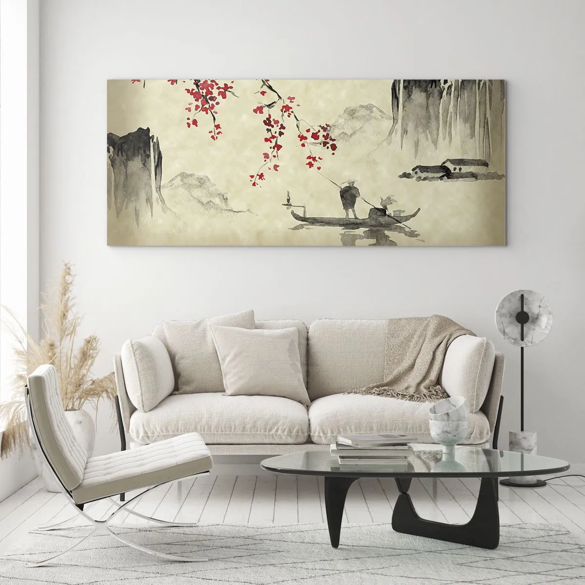 Cuadro sobre vidrio - Impresiones sobre Vidrio - Ilustración oriental con un barco y una rama floreciente. - 160x50cm - En el país de los cerezos en flor - Decoración de pared moderna para salón y dormitorio ARTTOR