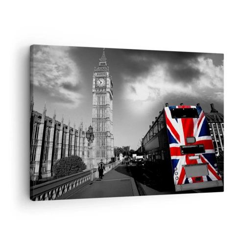Cuadro sobre lienzo - Impresión de Imagen - El Big Ben y un autobús con una bandera británica sobre un fondo blanco y negro - 70x50cm - Orgullosa y grandiosa - Decoración de pared moderna para salón y dormitorio ARTTOR