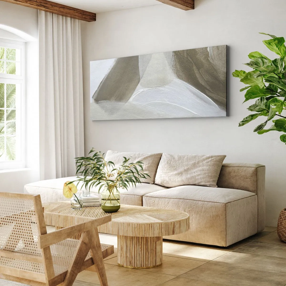 Cuadro sobre lienzo - Impresión de Imagen - Abstracción delicada en tonos beige y blanco. - 120x50cm - Ola de blanco - Decoración de pared moderna para salón y dormitorio ARTTOR