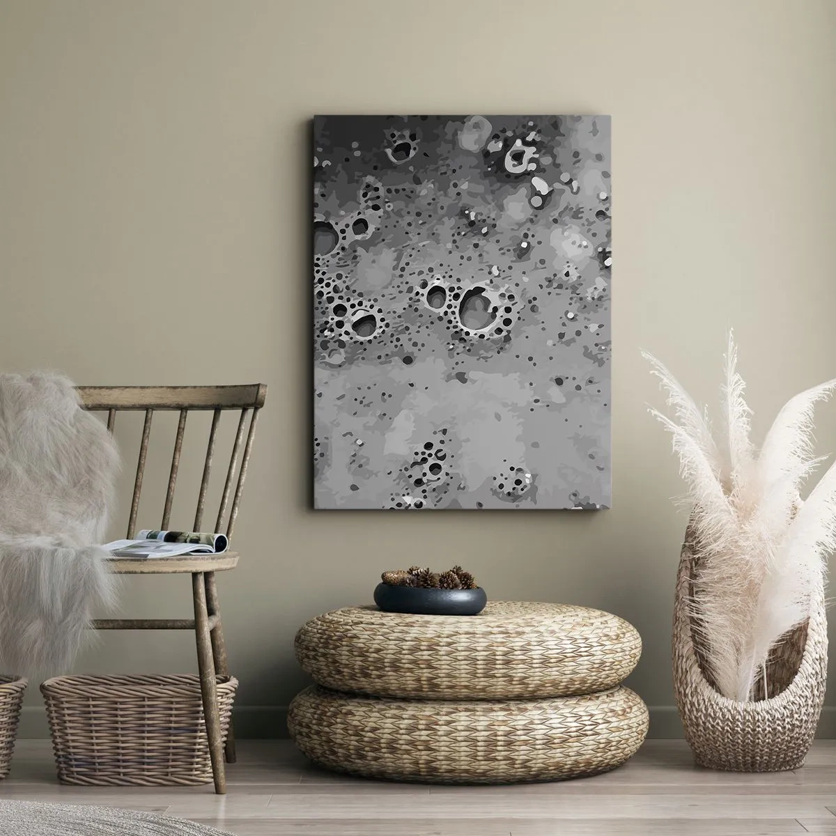 Cuadro sobre lienzo - Impresión de Imagen - Patrón abstracto de burbujas en blanco y negro - 50x70cm - Como un paisaje lunar - Decoración de pared moderna para salón y dormitorio ARTTOR