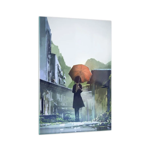 Cuadro sobre vidrio - Impresiones sobre Vidrio - Una figura con un paraguas en una ciudad lluviosa. - 70x100cm - Una lluvia revitalizante - Decoración de pared moderna para salón y dormitorio ARTTOR