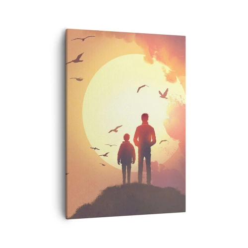 Cuadro sobre lienzo - Impresión de Imagen - Figuras con el sol poniente como telón de fondo - 50x70cm - Cara a cara con el sol - Decoración de pared moderna para salón y dormitorio ARTTOR