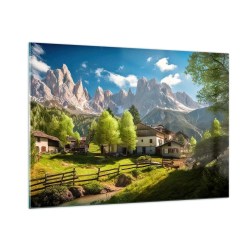 Cuadro sobre vidrio - Impresiones sobre Vidrio - Desarrollo rural en un entorno verde al pie de los picos alpinos - 100x70cm - Idilio alpino - Decoración de pared moderna para salón y dormitorio ARTTOR