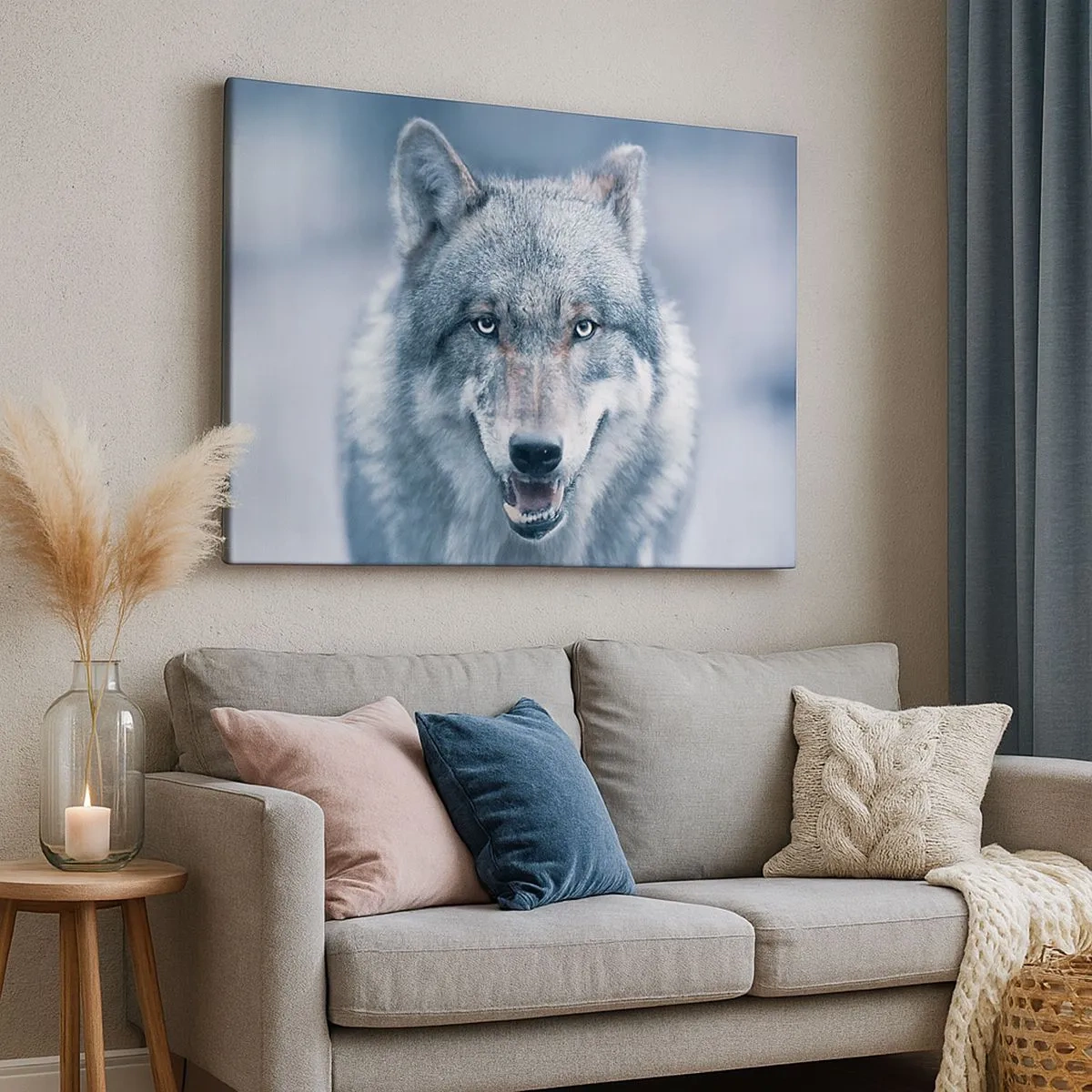 Cuadro sobre lienzo - Impresión de Imagen - Un lobo con una mirada intensa en un paisaje invernal. - 70x50cm - ¿Aceptarás el reto? - Decoración de pared moderna para salón y dormitorio ARTTOR