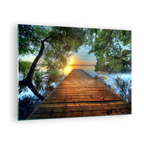 Cuadro sobre vidrio - Impresiones sobre Vidrio - Muelle de madera sobre el lago al atardecer - 70x50cm - Tómate tu tiempo, siéntate - Decoración de pared moderna para salón y dormitorio ARTTOR