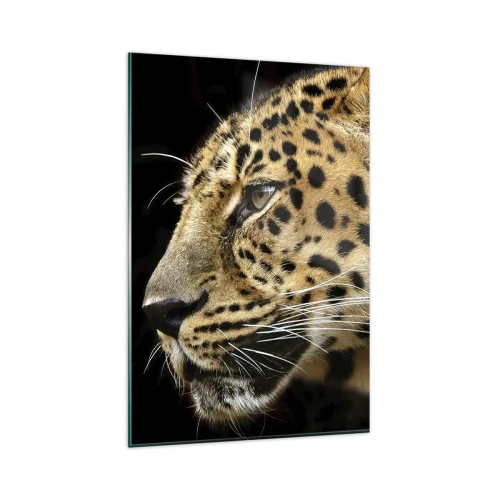 Cuadro sobre vidrio - Impresiones sobre Vidrio - Primer plano de la cabeza de un leopardo sobre un fondo negro - 80x120cm - Tranquilo, concentrado, preparado - Decoración de pared moderna para salón y dormitorio ARTTOR