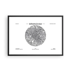 Póster en marco negro - Un mapa minimalista en blanco y negro de Birmingham con detalles precisos. - 70x50cm - Anatomía de Birmingham - Decoración de pared moderna para salón y dormitorio ARTTOR
