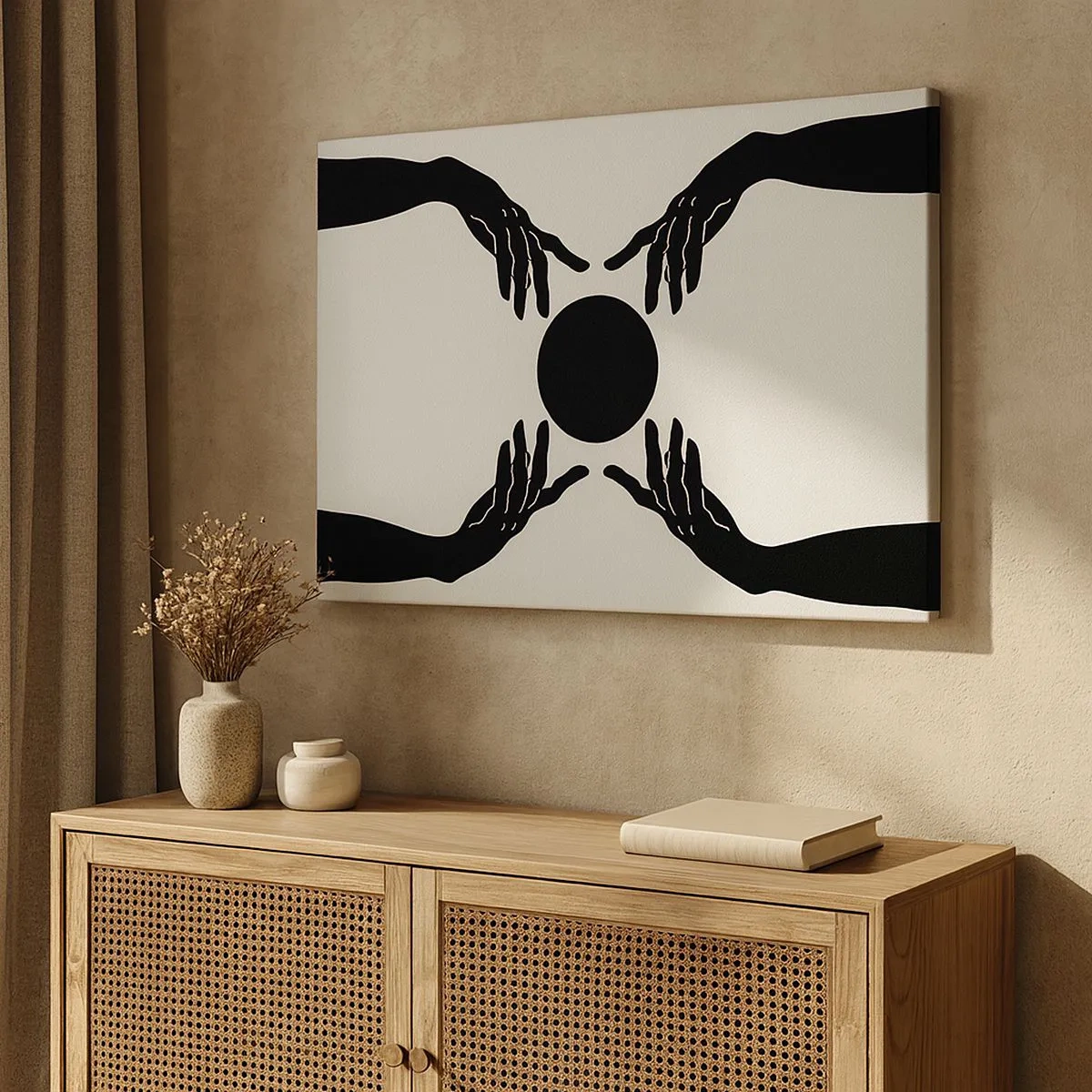 Cuadro sobre lienzo - Impresión de Imagen - Manos negras en una composición simétrica con una pelota. - 70x50cm - Una señal secreta - Decoración de pared moderna para salón y dormitorio ARTTOR