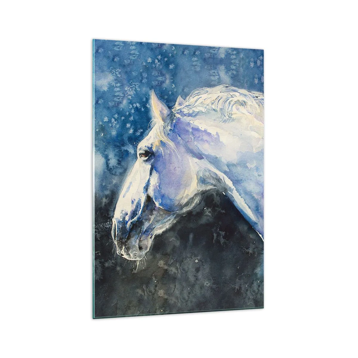 Cuadro sobre vidrio - Impresiones sobre Vidrio - Un retrato de un caballo en tonos azules con un efecto de acuarela pictórica. - 70x100cm - Retrato en un resplandor azul - Decoración de pared moderna para salón y dormitorio ARTTOR