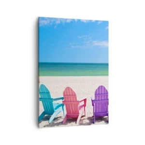 Cuadro sobre lienzo - Impresión de Imagen - Tumbonas de colores en la playa con vistas al mar - 50x70cm - Playa arco iris - Decoración de pared moderna para salón y dormitorio ARTTOR