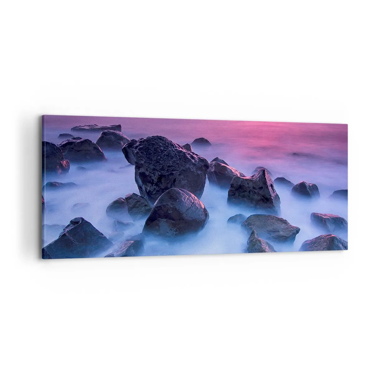 Cuadro sobre lienzo - Impresión de Imagen - Costa rocosa al atardecer - 120x50cm - Nacimiento en la luz y la niebla - Decoración de pared moderna para salón y dormitorio ARTTOR