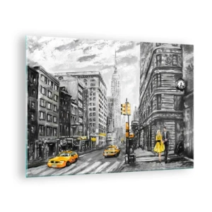 Cuadro sobre vidrio - Impresiones sobre Vidrio - Una ilustración de la ciudad de Nueva York en tonos blanco y negro con acentos amarillos. - 70x50cm - Una de las muchas historias de la gran manzana