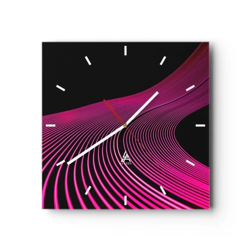 Reloj de pared - Reloj de vidrio - Líneas futuristas en tonos rosa sobre fondo negro. - 30x30cm - Avenida de luz - Decoración de pared moderna para salón y dormitorio ARTTOR