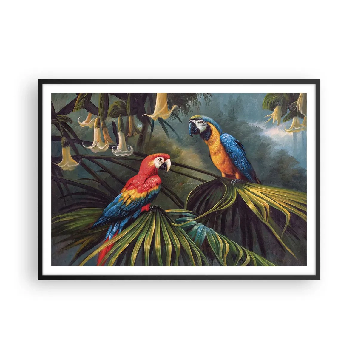 Póster en marco negro - Loros en un bosque tropical con flores exóticas al fondo. - 100x70cm - Romanticismo en los trópicos - Decoración de pared moderna para salón y dormitorio ARTTOR