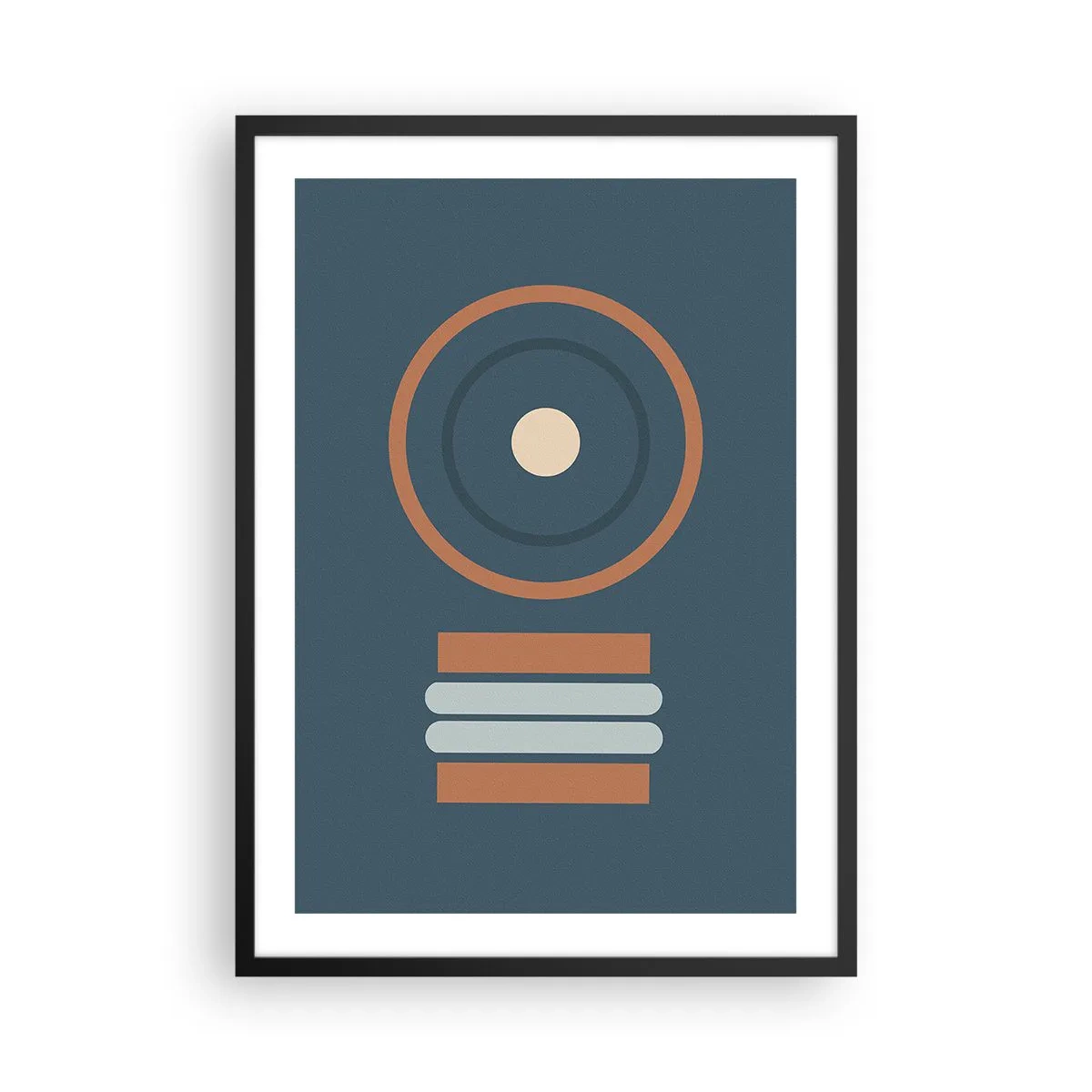 Póster en marco negro - Patrón geométrico con círculos y rectángulos en tonos azules y marrones. - 50x70cm - La esencia de las cosas - Decoración de pared moderna para salón y dormitorio ARTTOR