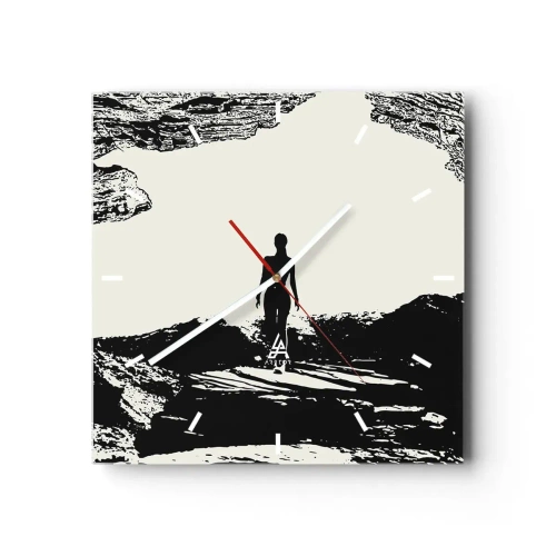 Reloj de pared - Reloj de vidrio - Silueta en blanco y negro de una mujer en una cueva contra el cielo - 30x30cm - Una nueva mirada - Decoración de pared moderna para salón y dormitorio ARTTOR