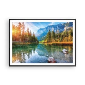 Póster en marco negro - Un pintoresco lago rodeado de montañas y bosques. - 100x70cm - La dulzura del otoño - Decoración de pared moderna para salón y dormitorio ARTTOR