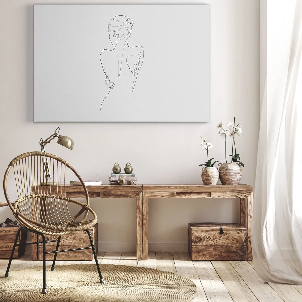 Cuadro sobre lienzo - Impresión de Imagen - Una línea de contorno que muestra una silueta femenina sobre un fondo claro. - 70x50cm - Música del cuerpo - Decoración de pared moderna para salón y dormitorio ARTTOR
