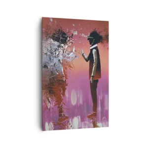Cuadro sobre lienzo - Impresión de Imagen - Una escena abstracta con una figura futurista y elementos dispersos. - 80x120cm - ¿Es posible mirar dentro de uno mismo? - Decoración de pared moderna para salón y dormitorio ARTTOR
