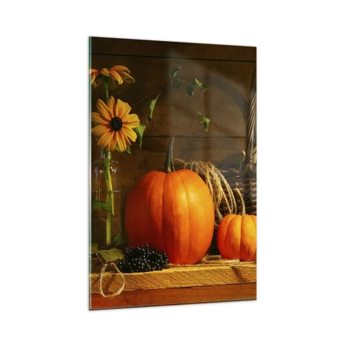 Cuadro sobre vidrio - Impresiones sobre Vidrio - Composición otoñal con calabazas y flores sobre un fondo de madera. - 80x120cm - Composición rústica - regalos de otoño - Decoración de pared moderna para salón y dormitorio ARTTOR
