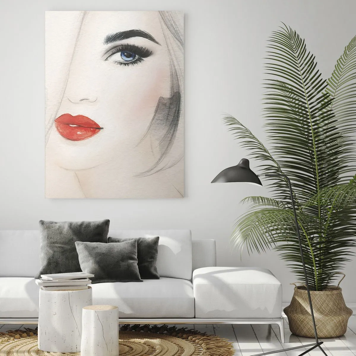 Cuadro sobre vidrio - Impresiones sobre Vidrio - Retrato de una mujer con cabello claro, labios rojos y ojos azules. - 50x70cm - Hipnotiza y embriaga - Decoración de pared moderna para salón y dormitorio ARTTOR