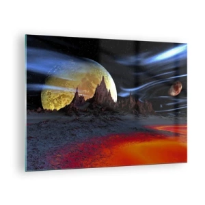 Cuadro sobre vidrio - Impresiones sobre Vidrio - Paisaje extraterrestre con un planeta y un cielo colorido. - 70x50cm - Mundo desconocido - Decoración de pared moderna para salón y dormitorio ARTTOR
