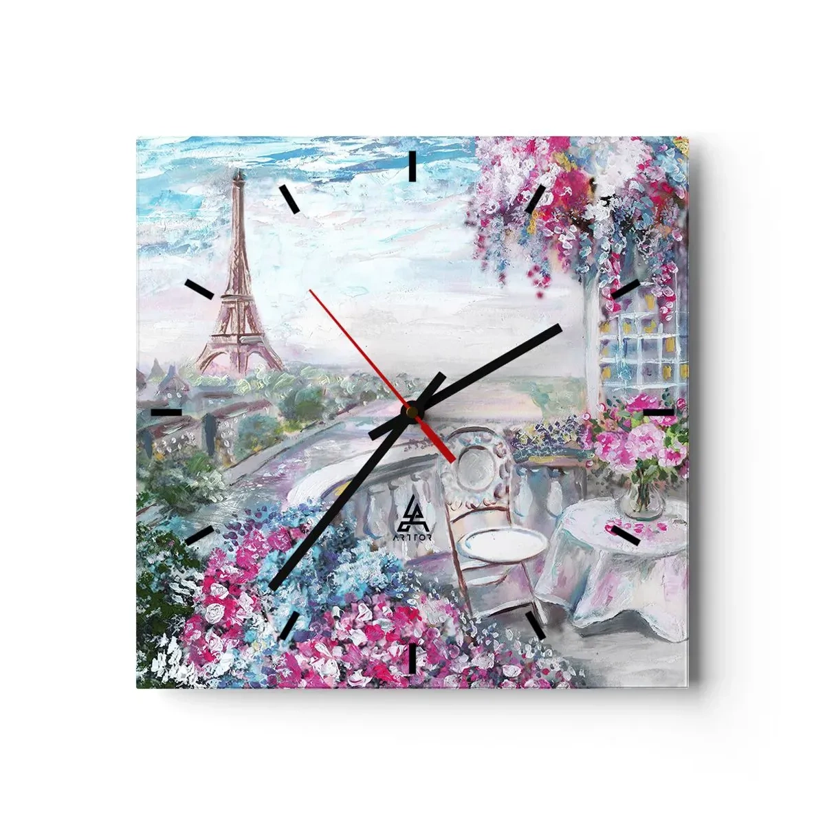 Reloj de pared - Reloj de vidrio - Una vista romántica de París con la Torre Eiffel y un balcón lleno de flores. - 30x30cm - Mayo mágico en París - Decoración de pared moderna para salón y dormitorio ARTTOR