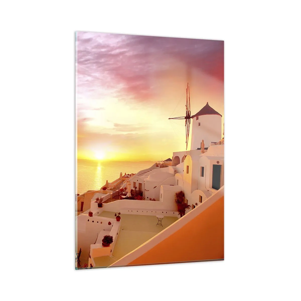 Cuadro sobre vidrio - Impresiones sobre Vidrio - Puesta de sol sobre Santorini con edificios blancos y un molino de viento - 50x70cm - Blanco y dorado - Decoración de pared moderna para salón y dormitorio ARTTOR