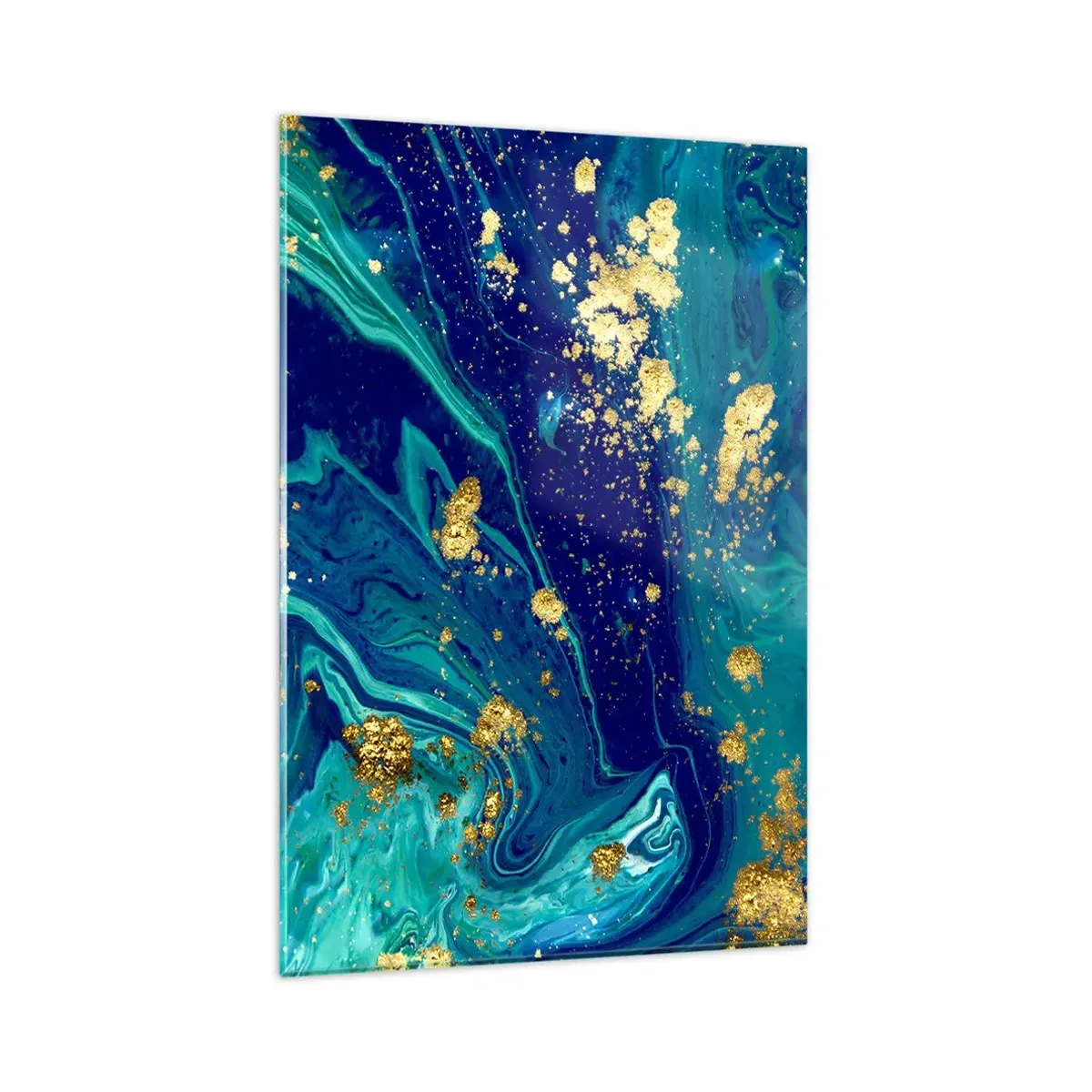 Cuadro sobre vidrio - Impresiones sobre Vidrio - Una composición abstracta con acentos azules, verdes y dorados. - 80x120cm - Pétalos de sol - Decoración de pared moderna para salón y dormitorio ARTTOR