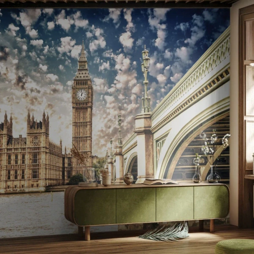 Fotomural Premium Sand - Panorama de la ciudad con arquitectura histórica y un puente. - 100x70cm - Nubes sobre el Támesis - Decoración de pared moderna para salón y dormitorio ARTTOR