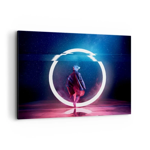 Cuadro sobre lienzo - Impresión de Imagen - Un personaje en un entorno futurista con un círculo de neón. - 100x70cm - Entre mundos - Decoración de pared moderna para salón y dormitorio ARTTOR