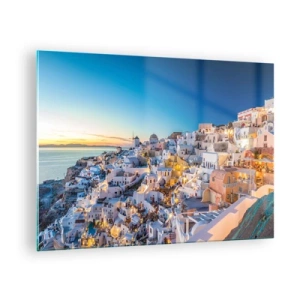 Cuadro sobre vidrio - Impresiones sobre Vidrio - Panorama de Santorini al atardecer - 70x50cm - La esencia de lo griego - Decoración de pared moderna para salón y dormitorio ARTTOR