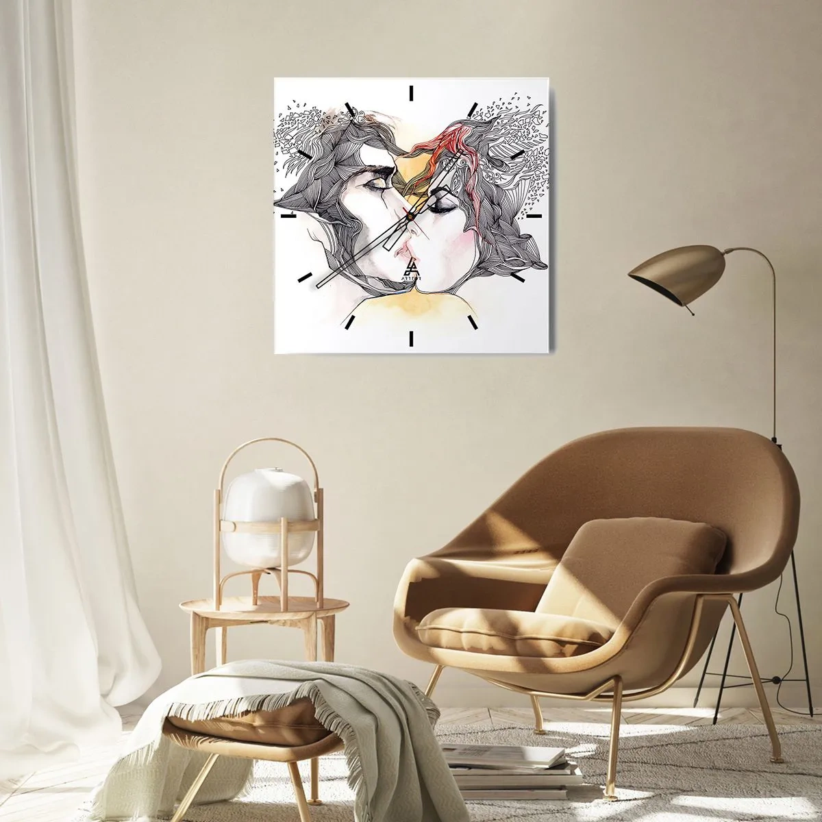Reloj de pared - Reloj de vidrio - Retrato artístico de una pareja con motivos abstractos en el cabello. - 30x30cm - El mundo no importa - Decoración de pared moderna para salón y dormitorio ARTTOR